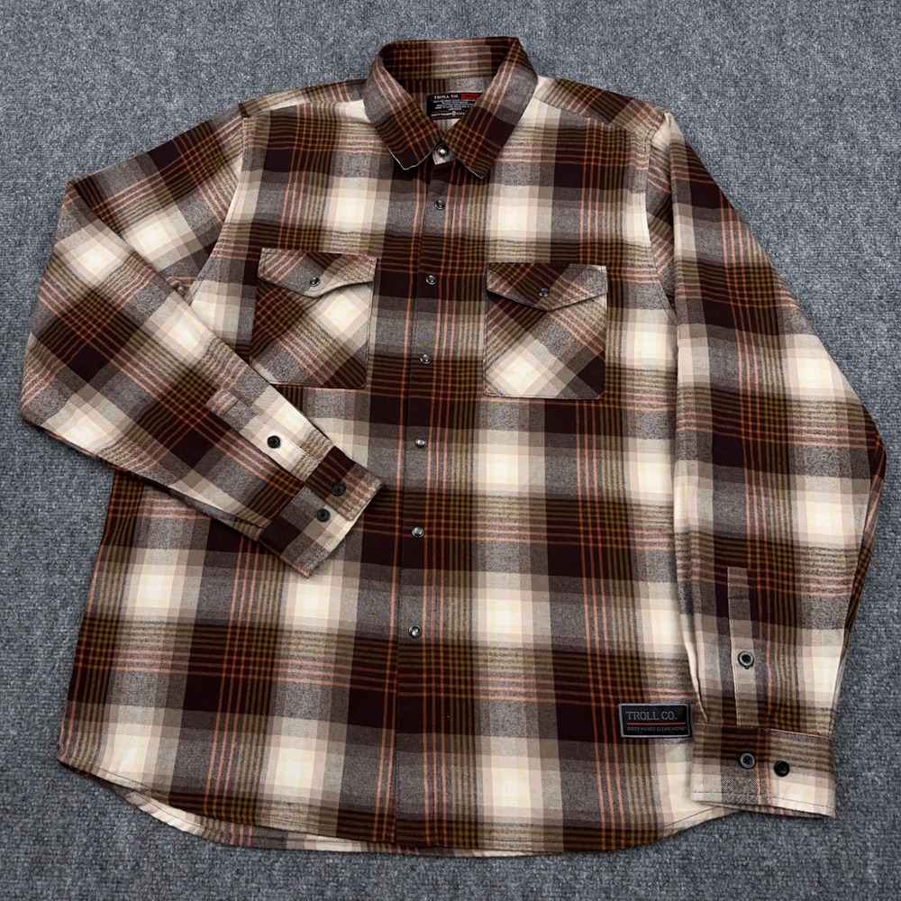Troll Co. True Grit Flannel Men's XL Brown Plaid Workwear Pearl Snap Button